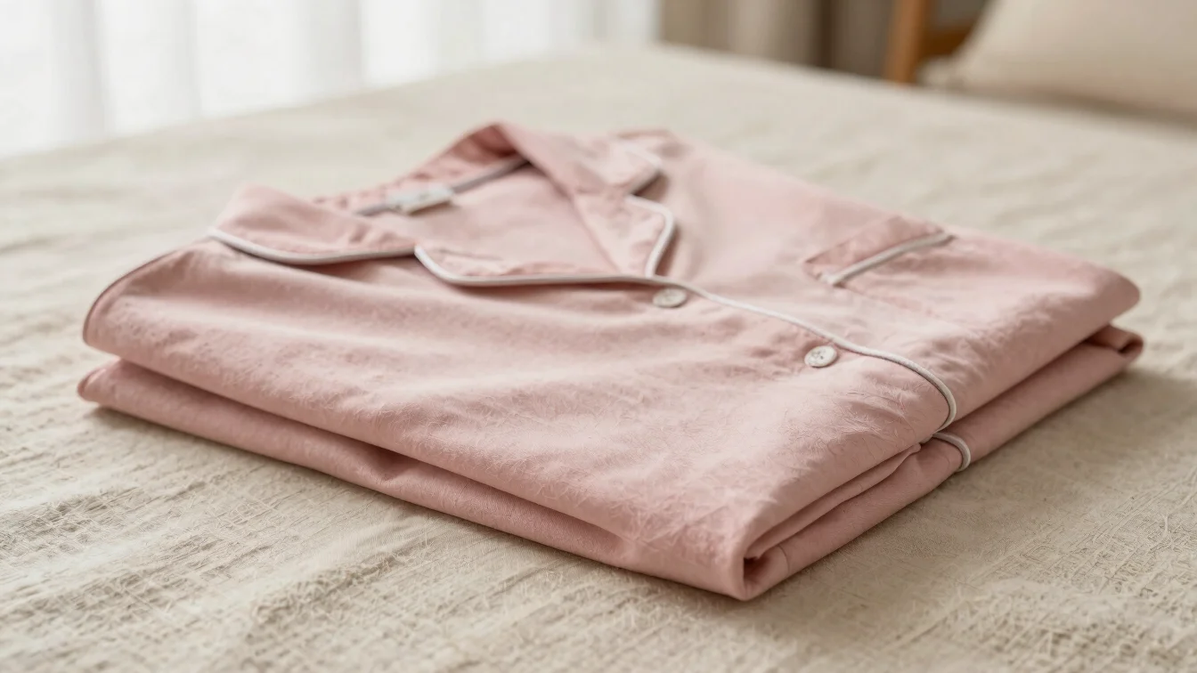 Editorial close-up of a soft pink pajama top folded on beige line