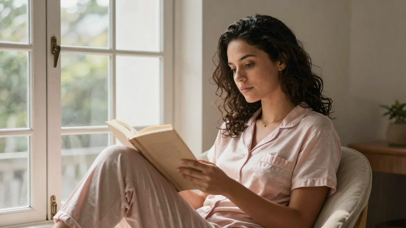 Brazilian woman in a relaxed pajama set reading by a sunlit windo