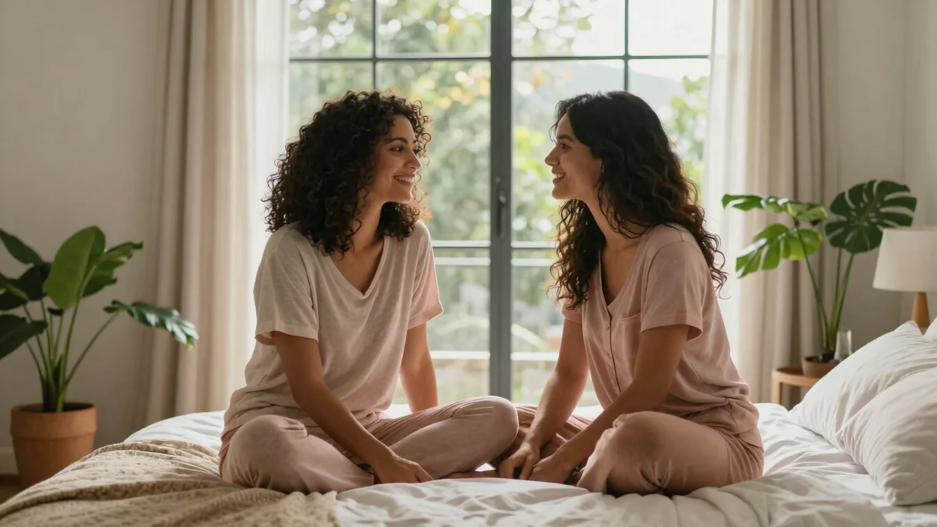 Two women in soft matching pajamas sharing a quiet moment on a be